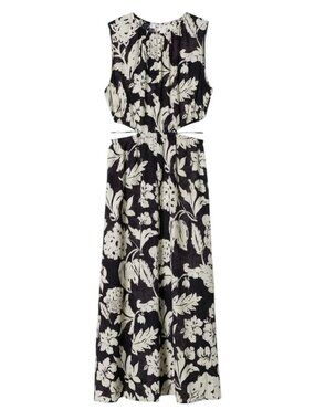 MNG Mango Willow Side Cut Out Maxi Dress Crinkle Floral Black Gray 4